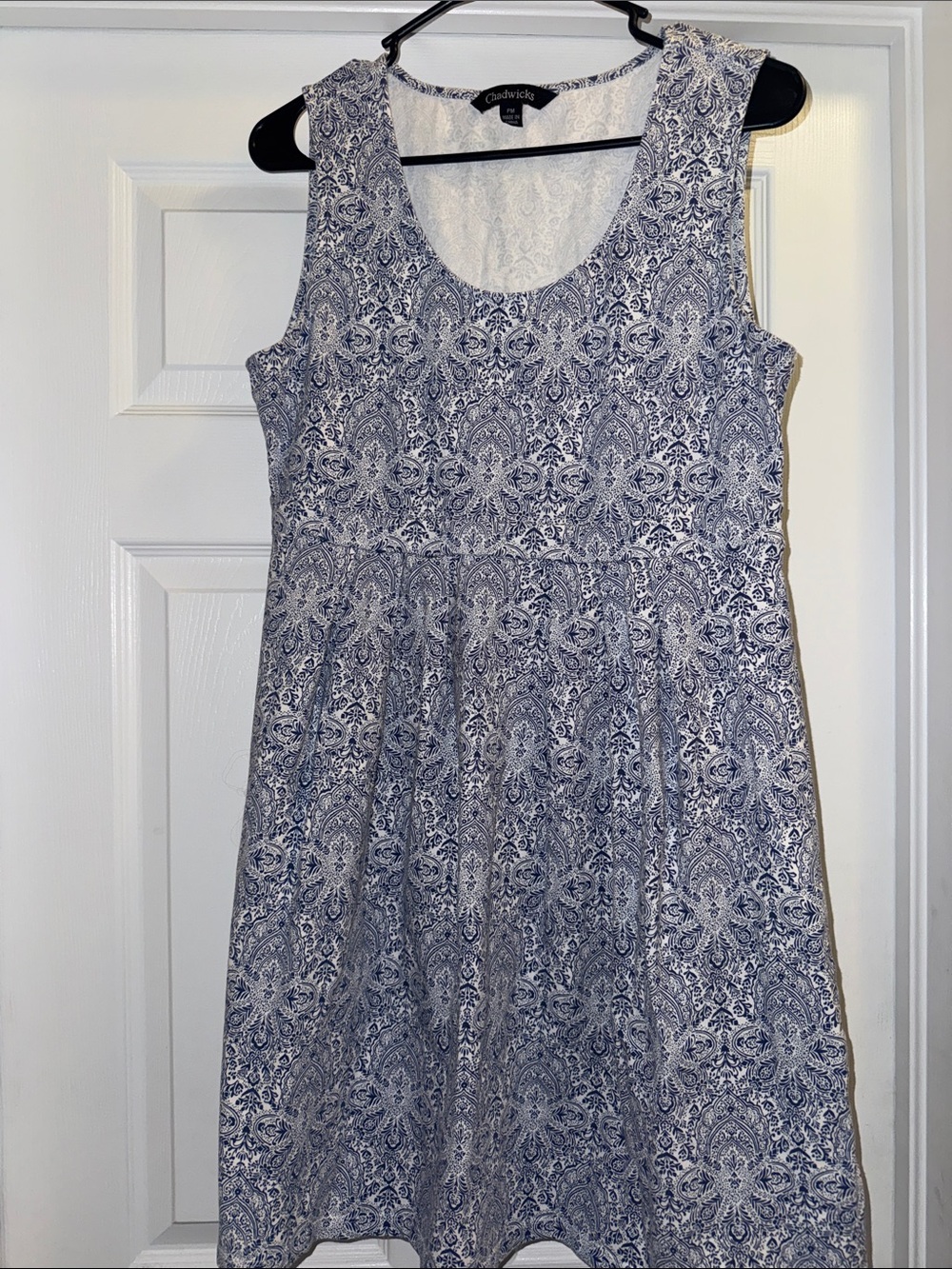 Chadwicks Navy and White Paisley Sleeveless Fit-and-Flare Dress